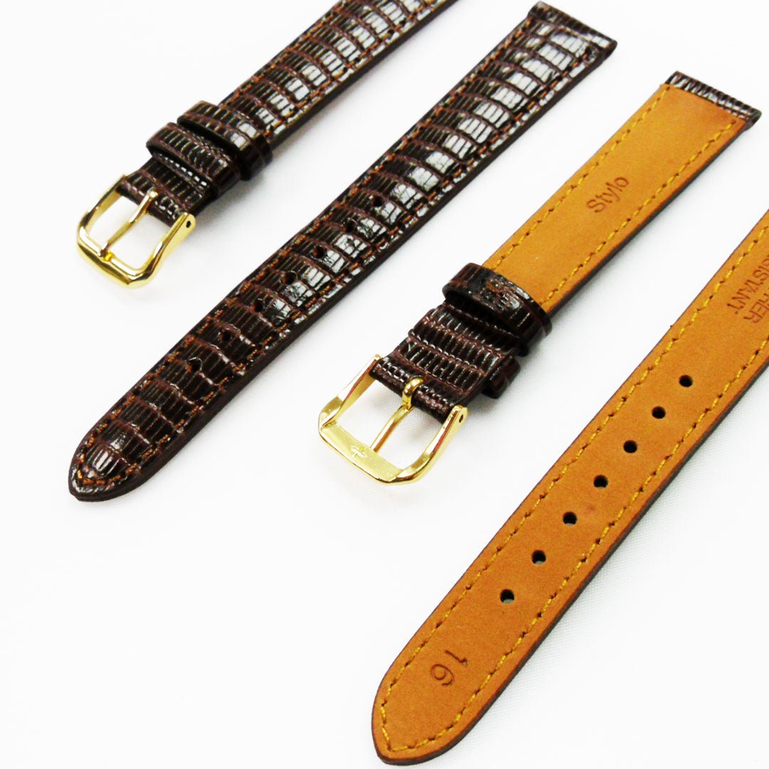 Lizard Watch Band, 16MM Wide, Padded, Regular Size, Brown Color, Brown Stitched, Gold and Silver Buckle, Genuine Leather Watch Strap Replacement - Universal Jewelers & Watch Tools Inc.