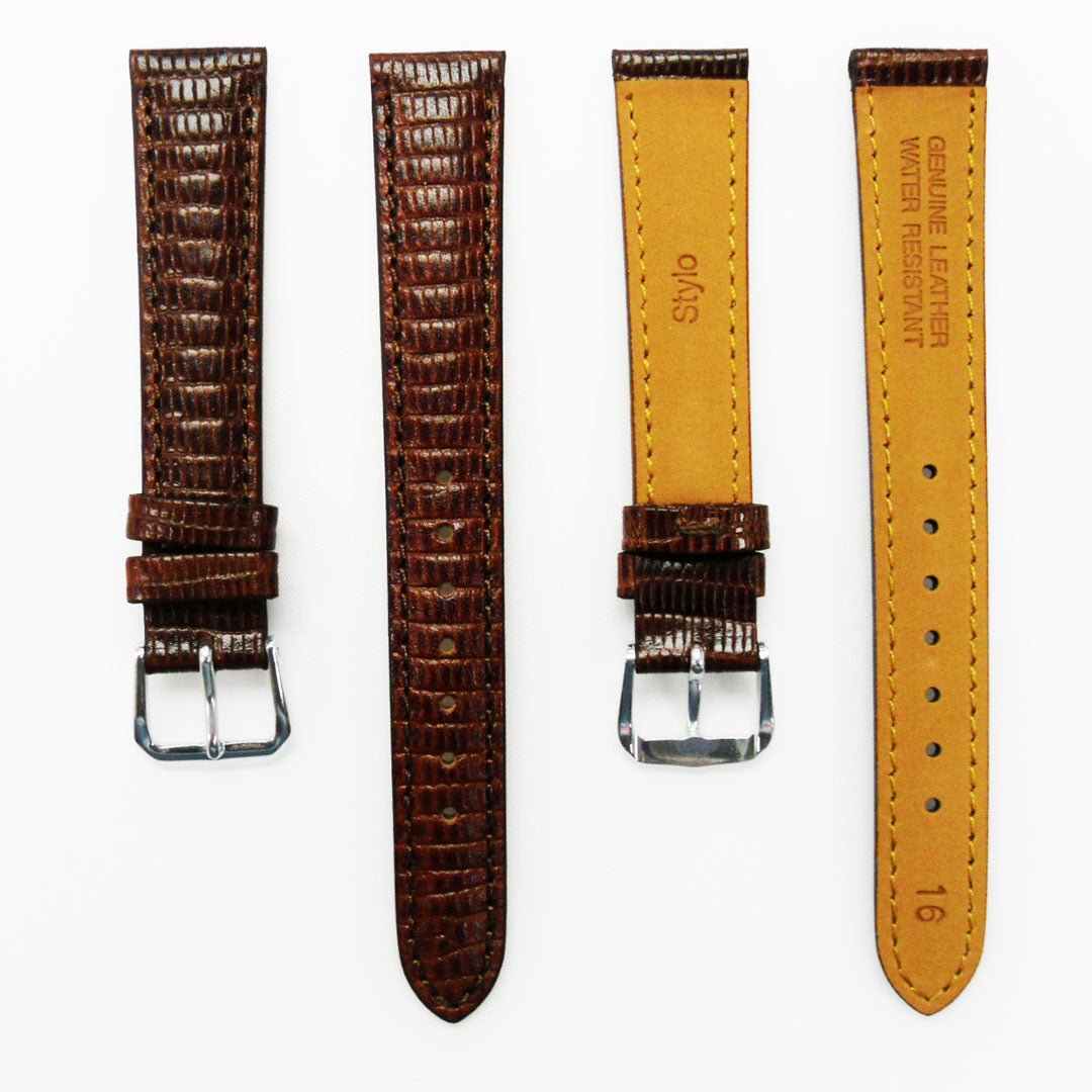 Lizard Watch Band, 16MM Wide, Padded, Regular Size, Brown Color, Brown Stitched, Gold and Silver Buckle, Genuine Leather Watch Strap Replacement - Universal Jewelers & Watch Tools Inc.