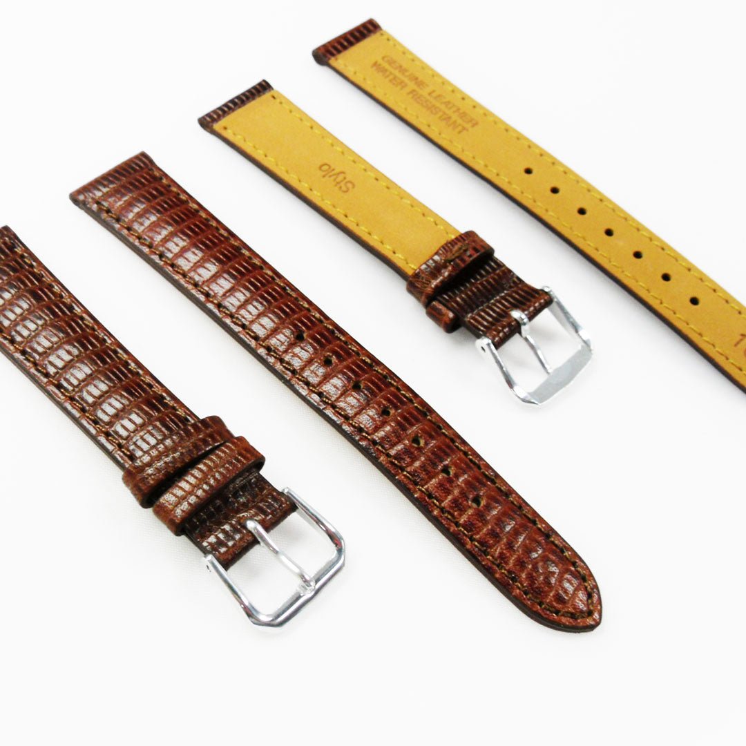 Lizard Watch Band, 16MM Wide, Padded, Regular Size, Brown Color, Brown Stitched, Gold and Silver Buckle, Genuine Leather Watch Strap Replacement - Universal Jewelers & Watch Tools Inc.