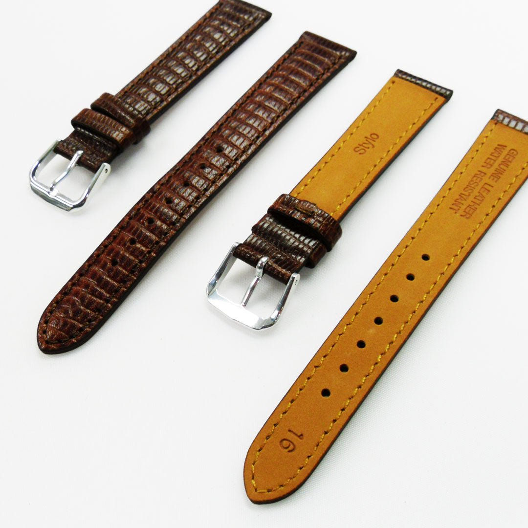 Lizard Watch Band, 16MM Wide, Padded, Regular Size, Brown Color, Brown Stitched, Gold and Silver Buckle, Genuine Leather Watch Strap Replacement - Universal Jewelers & Watch Tools Inc.