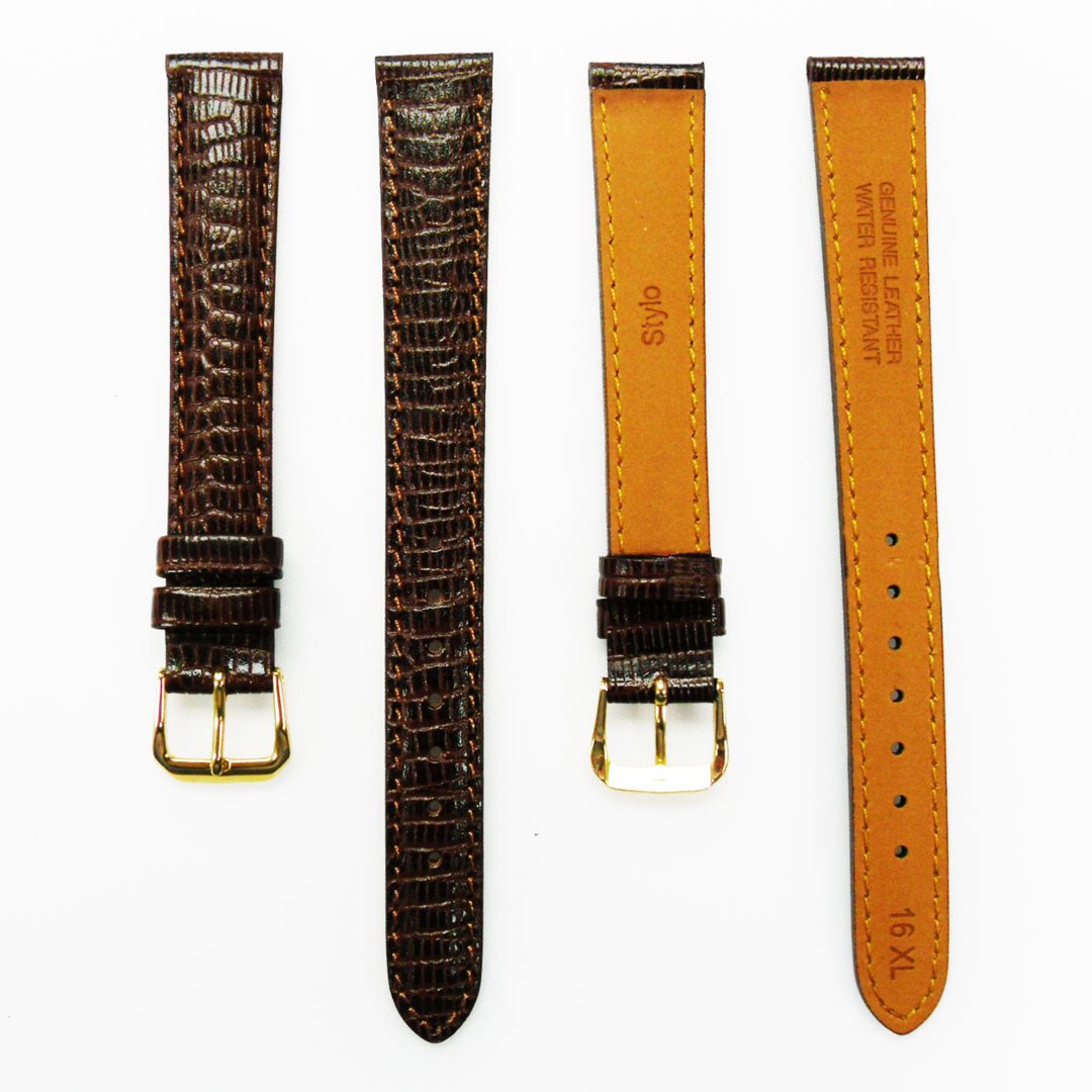 Lizard Watch Band, 16MM Wide, Padded, Regular Size, Brown Color, Brown Stitched, Gold and Silver Buckle, Genuine Leather Watch Strap Replacement - Universal Jewelers & Watch Tools Inc.