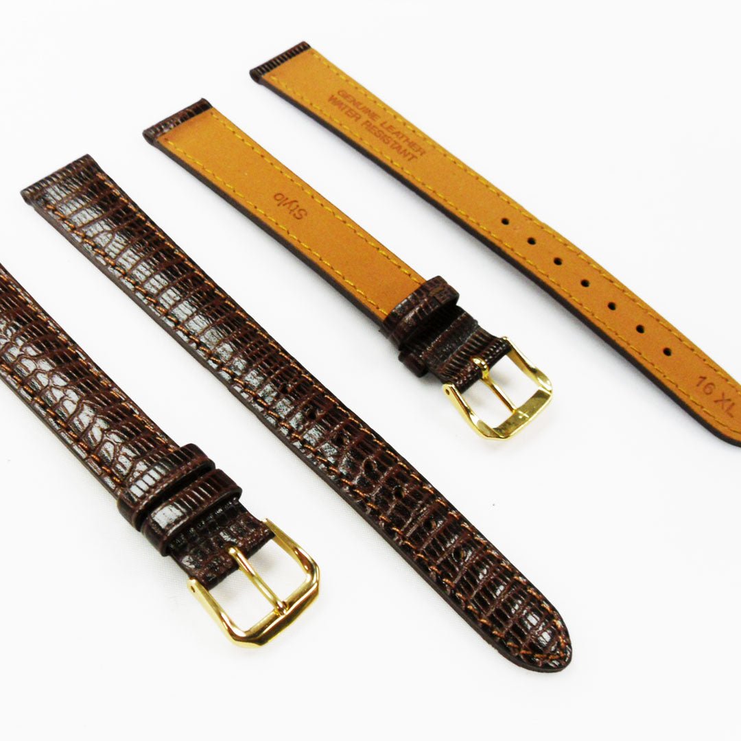 Lizard Watch Band, 16MM Wide, Padded, XL Size, Black and Brown Color, Black and Brown Stitched, Genuine Leather - Universal Jewelers & Watch Tools Inc.