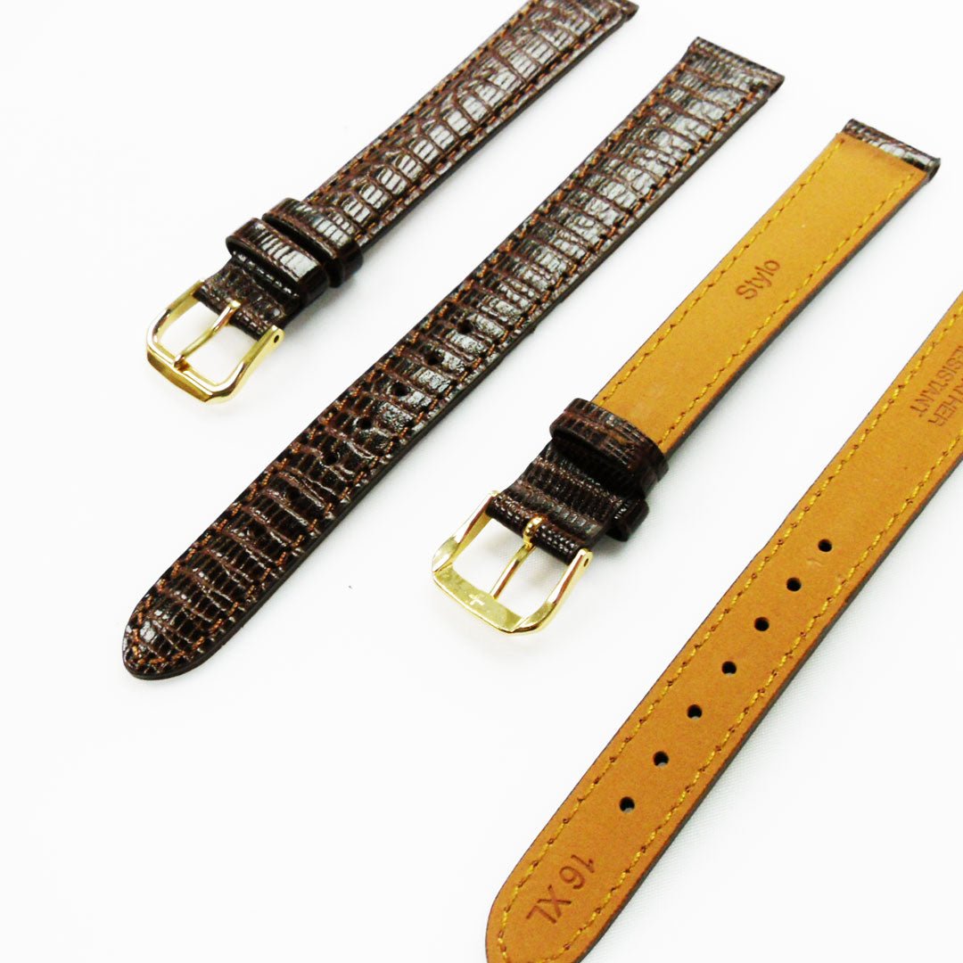 Lizard Watch Band, 16MM Wide, Padded, XL Size, Black and Brown Color, Black and Brown Stitched, Genuine Leather - Universal Jewelers & Watch Tools Inc.