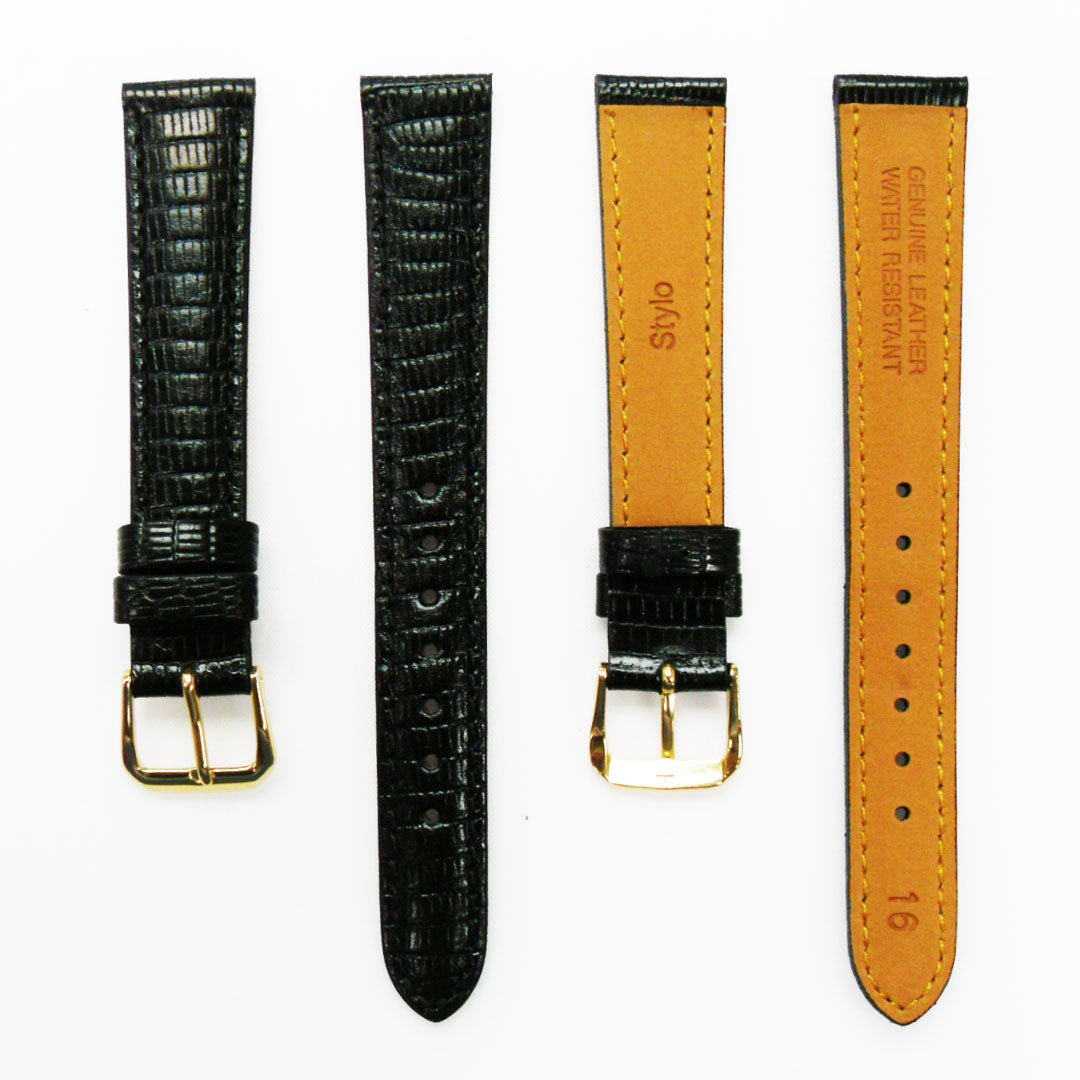 Lizard Watch Band, 16MM Wide, Padded, Regular Size, Brown Color, Brown Stitched, Gold and Silver Buckle, Genuine Leather Watch Strap Replacement - Universal Jewelers & Watch Tools Inc.