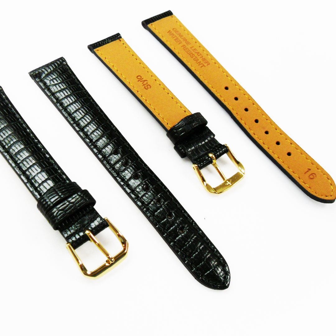 Lizard Watch Band, 16MM Wide, Padded, XL Size, Black and Brown Color, Black and Brown Stitched, Genuine Leather - Universal Jewelers & Watch Tools Inc.