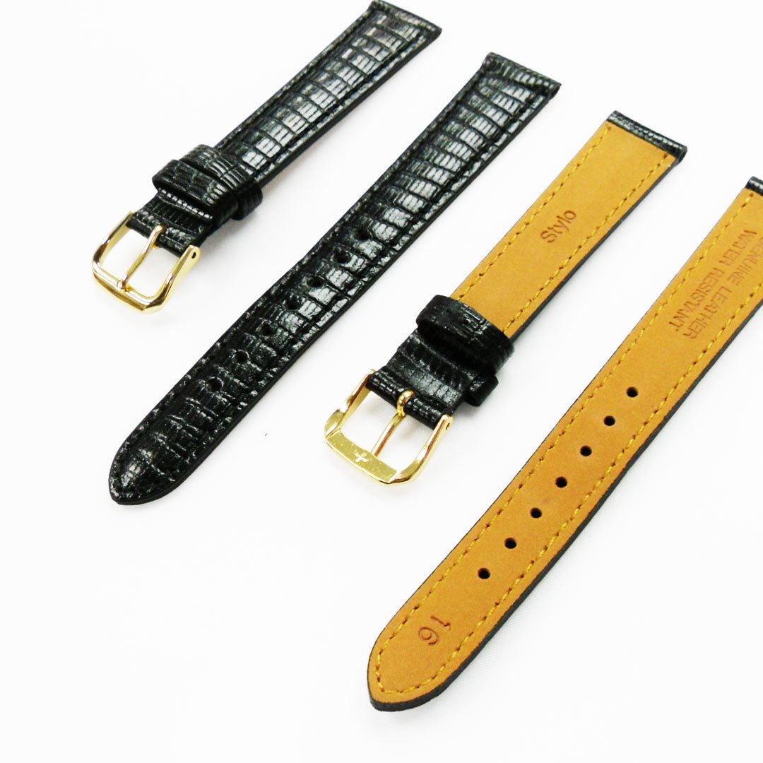 Lizard Watch Band, 16MM Wide, Padded, XL Size, Black and Brown Color, Black and Brown Stitched, Genuine Leather - Universal Jewelers & Watch Tools Inc.