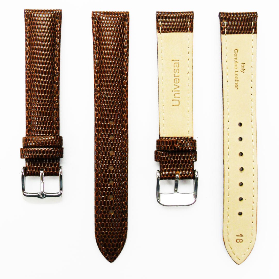 Lizard Watch Band, 18MM Wide, Padded, Regular Size, Brown Color, Brown Stitched, Silver Buckle, Genuine Leather Watch Strap Replacement - Universal Jewelers & Watch Tools Inc.