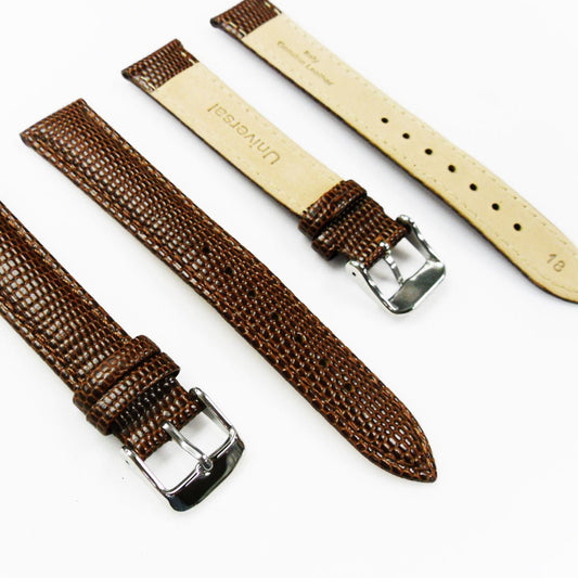 Lizard Watch Band, 18MM Wide, Padded, Regular Size, Brown Color, Brown Stitched, Silver Buckle, Genuine Leather Watch Strap Replacement - Universal Jewelers & Watch Tools Inc.