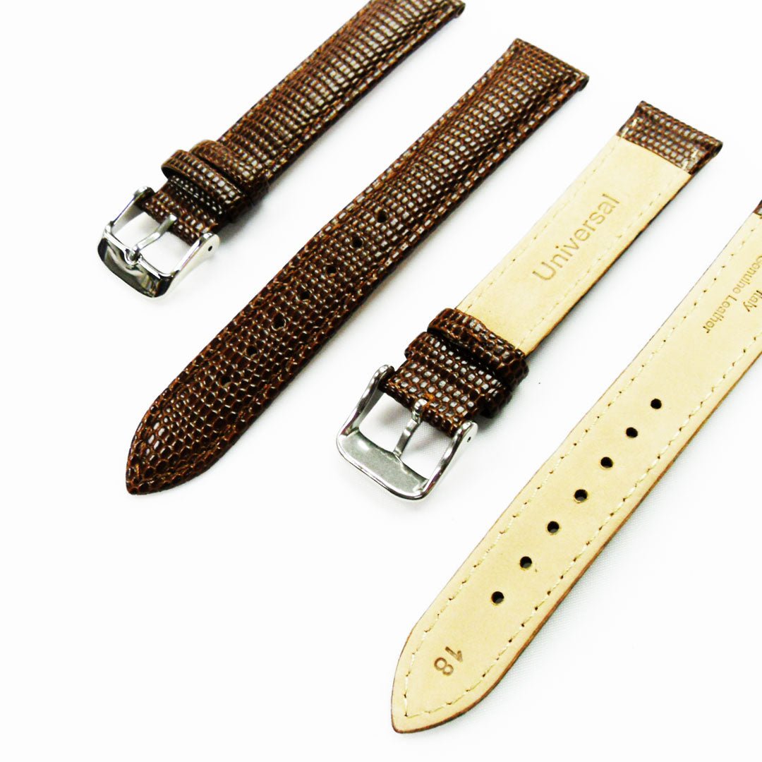 Lizard Watch Band, 18MM Wide, Padded, Regular Size, Brown Color, Brown Stitched, Silver Buckle, Genuine Leather Watch Strap Replacement - Universal Jewelers & Watch Tools Inc.