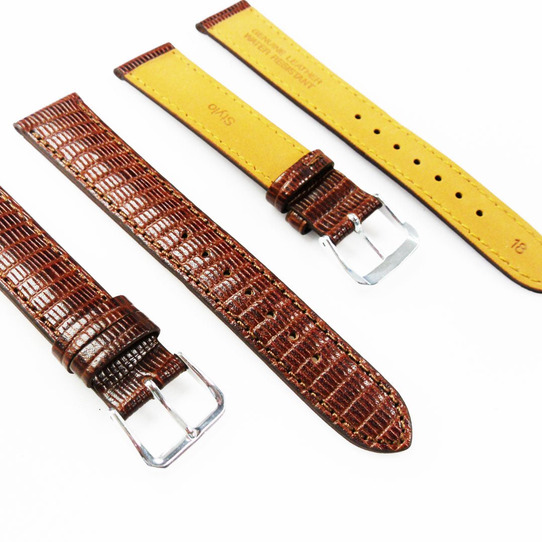 Lizard Watch Band, 18MM Wide, Padded, Regular Size, Brown Color, Brown Stitched, Silver Buckle, Genuine Leather Watch Strap Replacement - Universal Jewelers & Watch Tools Inc.