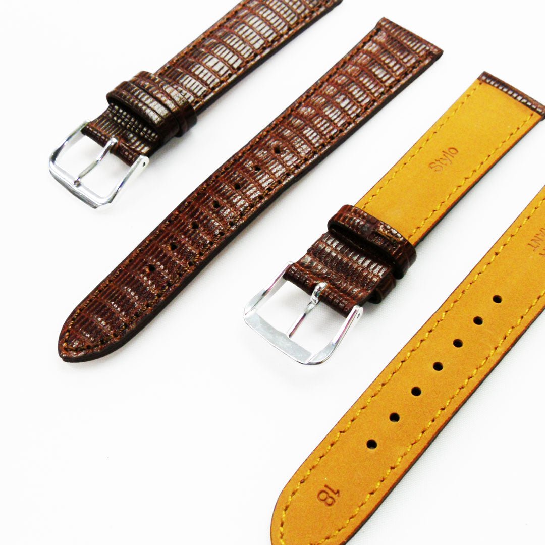 Lizard Watch Band, 18MM Wide, Padded, Regular Size, Brown Color, Brown Stitched, Silver Buckle, Genuine Leather Watch Strap Replacement - Universal Jewelers & Watch Tools Inc.