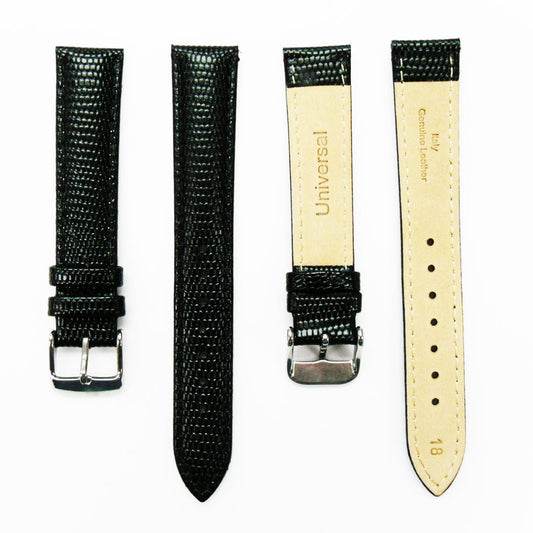 Lizard Watch Band, 18MM Wide, Padded, Regular and XL Size, Black Color, Black Stitched, Silver Buckle, Genuine Leather Watch Strap Replacement - Universal Jewelers & Watch Tools Inc.