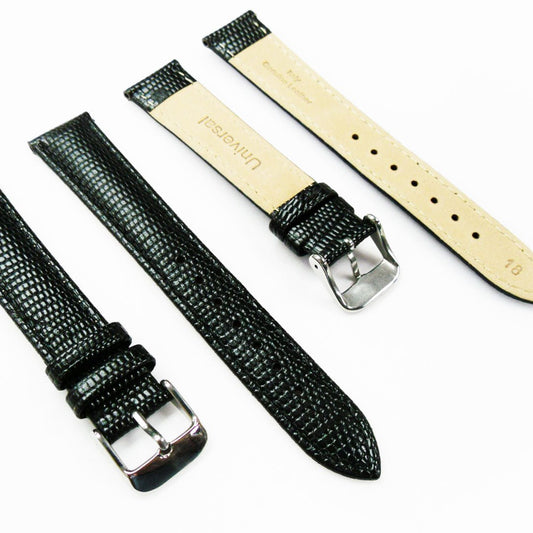 Lizard Watch Band, 18MM Wide, Padded, Regular and XL Size, Black Color, Black Stitched, Silver Buckle, Genuine Leather Watch Strap Replacement - Universal Jewelers & Watch Tools Inc.