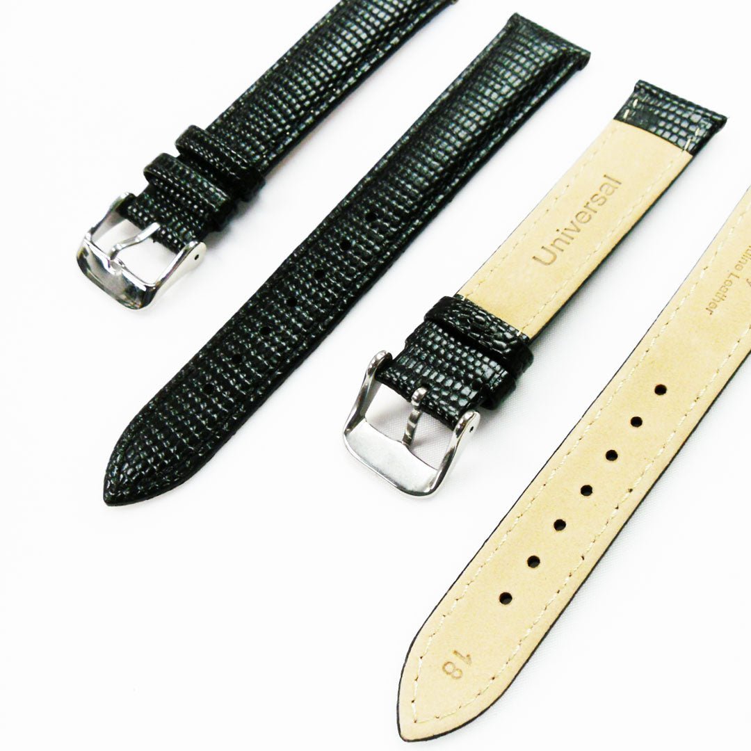 Lizard Watch Band, 18MM Wide, Padded, Regular and XL Size, Black Color, Black Stitched, Silver Buckle, Genuine Leather Watch Strap Replacement - Universal Jewelers & Watch Tools Inc.
