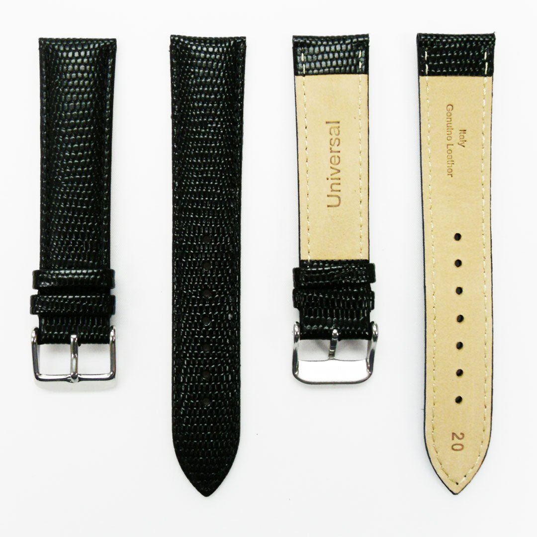 Lizard Watch Band, 20MM Wide, Padded, Regular Size, Brown Color, Brown Stitched, Silver and Gold Buckle, Genuine Leather Watch Strap Replacement - Universal Jewelers & Watch Tools Inc.