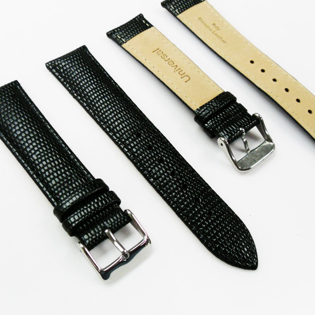 Lizard Watch Band, 20MM Wide, Padded, Regular Size, Black Color, Black Stitched, Silver Buckle, Genuine Leather Watch Strap Replacement - Universal Jewelers & Watch Tools Inc.