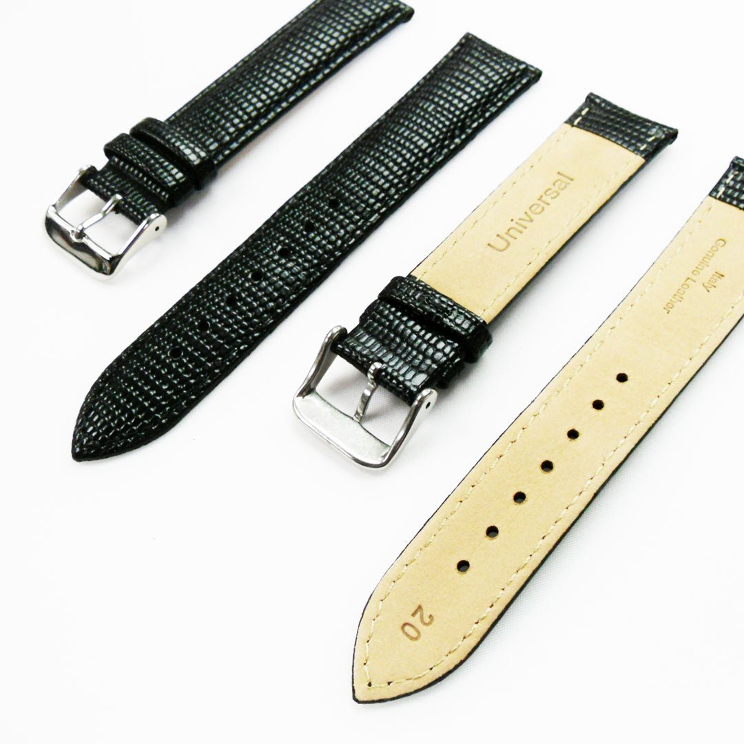 Lizard Watch Band, 20MM Wide, Padded, Regular Size, Black Color, Black Stitched, Silver Buckle, Genuine Leather Watch Strap Replacement - Universal Jewelers & Watch Tools Inc.