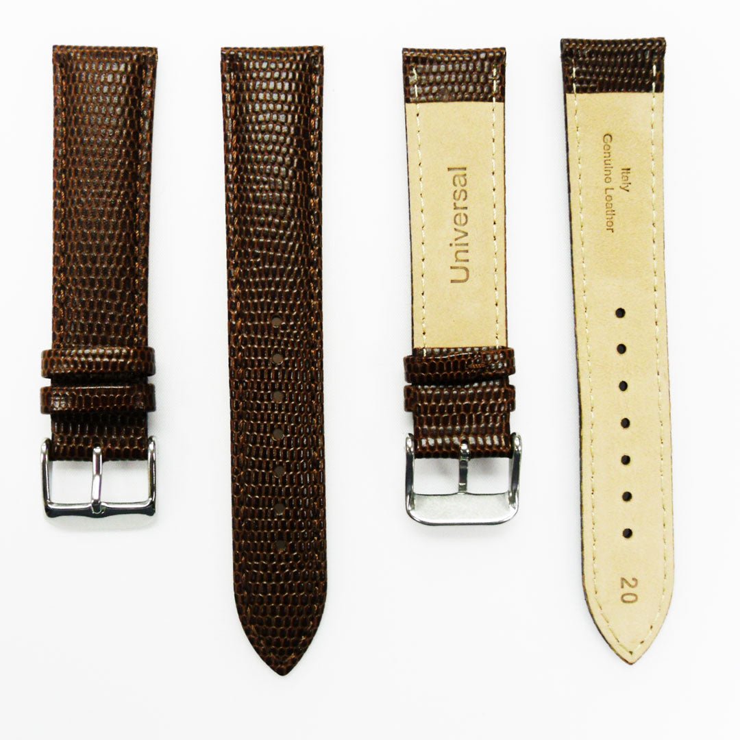 Lizard Watch Band, 20MM Wide, Padded, Regular Size, Brown Color, Brown Stitched, Gold and Silver Buckle, Genuine Leather Watch Strap Replacement - Universal Jewelers & Watch Tools Inc.