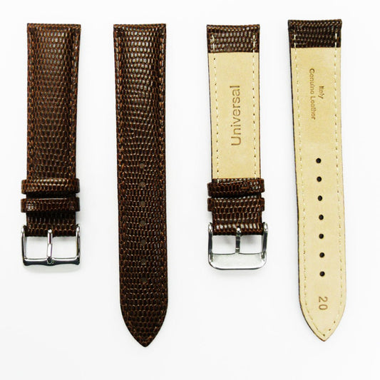 Lizard Watch Band, 20MM Wide, Padded, Regular Size, Brown Color, Brown Stitched, Gold and Silver Buckle, Genuine Leather Watch Strap Replacement - Universal Jewelers & Watch Tools Inc.
