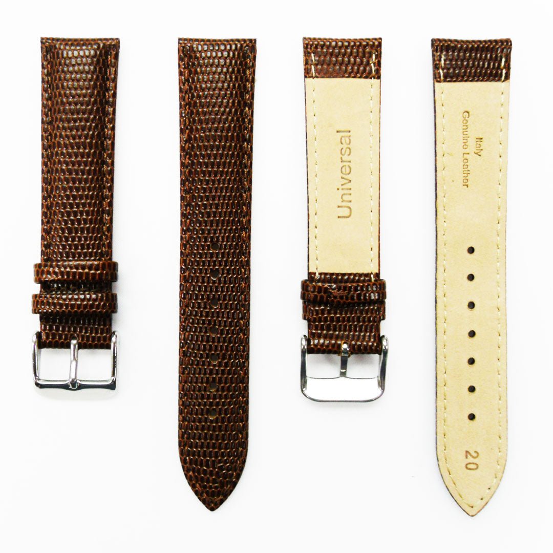 Lizard Watch Band, 20MM Wide, Padded, Regular Size, Brown Color, Brown Stitched, Gold and Silver Buckle, Genuine Leather Watch Strap Replacement - Universal Jewelers & Watch Tools Inc.