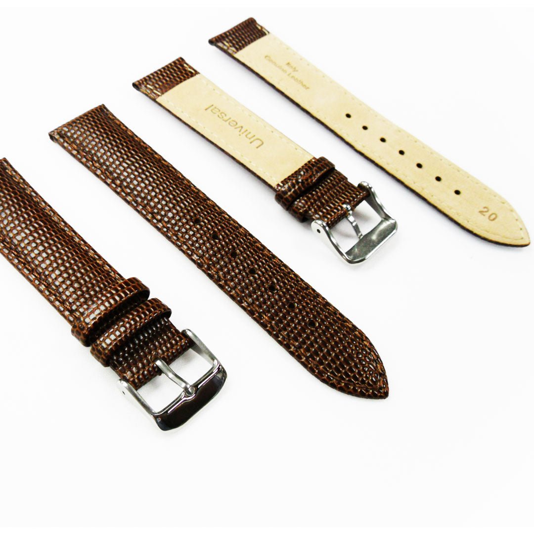 Lizard Watch Band, 20MM Wide, Padded, Regular Size, Brown Color, Brown Stitched, Gold and Silver Buckle, Genuine Leather Watch Strap Replacement - Universal Jewelers & Watch Tools Inc.