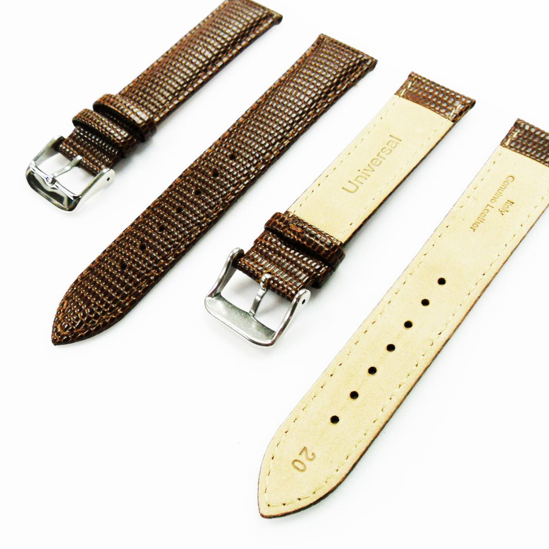 Lizard Watch Band, 20MM Wide, Padded, Regular Size, Brown Color, Brown Stitched, Gold and Silver Buckle, Genuine Leather Watch Strap Replacement - Universal Jewelers & Watch Tools Inc.