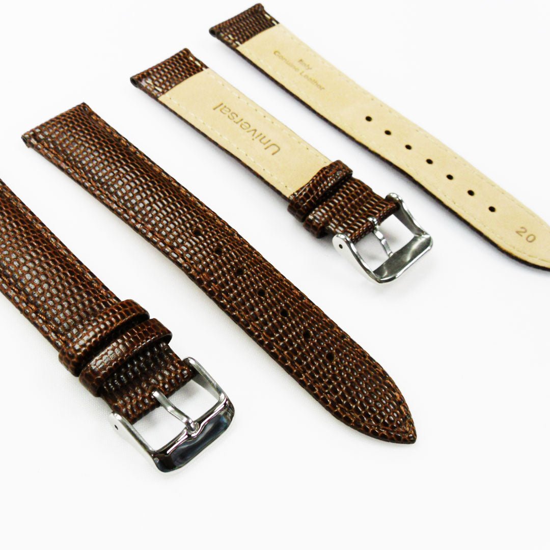 Lizard Watch Band, 20MM Wide, Padded, Regular Size, Brown Color, Brown Stitched, Silver and Gold Buckle, Genuine Leather Watch Strap Replacement - Universal Jewelers & Watch Tools Inc.