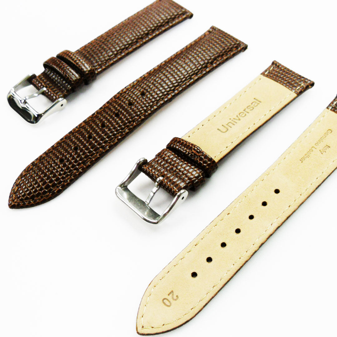 Lizard Watch Band, 20MM Wide, Padded, Regular Size, Brown Color, Brown Stitched, Gold and Silver Buckle, Genuine Leather Watch Strap Replacement