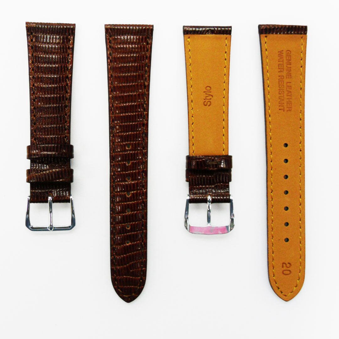 Lizard Watch Band, 20MM Wide, Padded, Regular Size, Brown Color, Brown Stitched, Silver and Gold Buckle, Genuine Leather Watch Strap Replacement - Universal Jewelers & Watch Tools Inc.