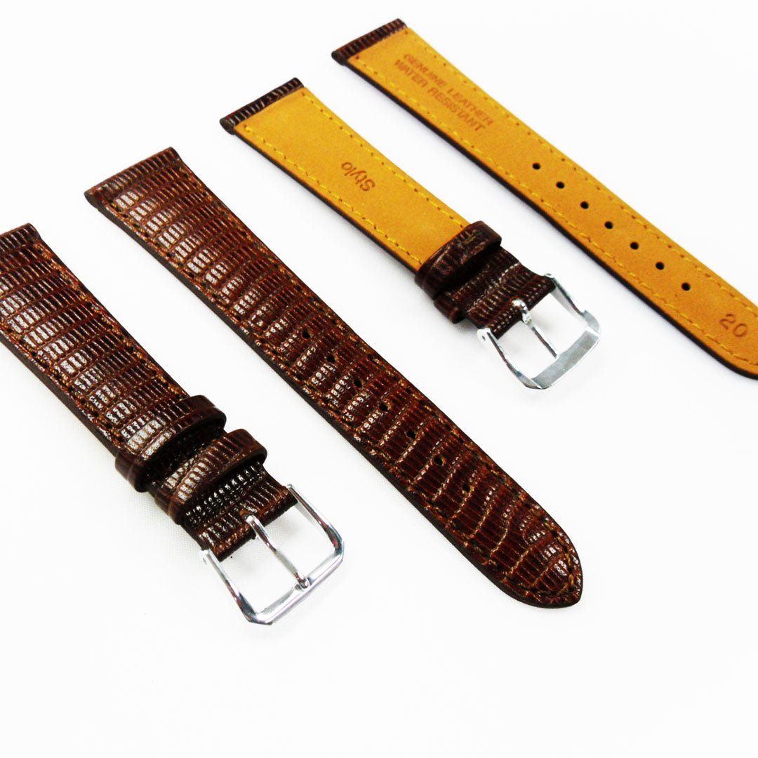 Lizard Watch Band, 20MM Wide, Padded, Regular Size, Brown Color, Brown Stitched, Gold and Silver Buckle, Genuine Leather Watch Strap Replacement - Universal Jewelers & Watch Tools Inc.