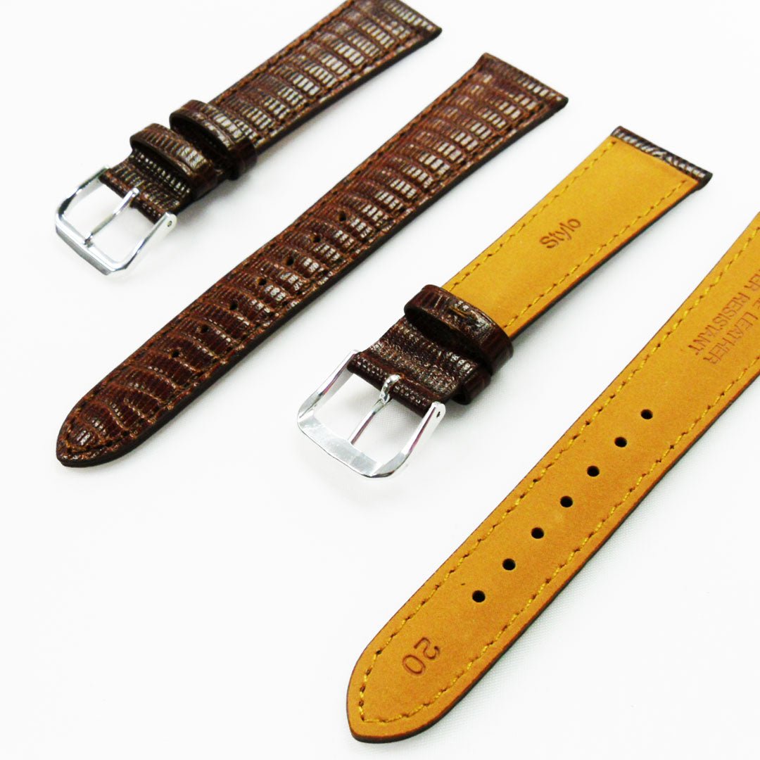 Lizard Watch Band, 20MM Wide, Padded, Regular Size, Brown Color, Brown Stitched, Silver and Gold Buckle, Genuine Leather Watch Strap Replacement - Universal Jewelers & Watch Tools Inc.