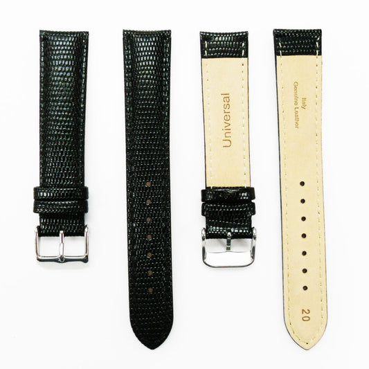 Lizard Watch Band, 20MM Wide, Padded, XL Size, Black Color, Black Stitched, Silver Buckle, Genuine Leather Watch Strap Replacement - Universal Jewelers & Watch Tools Inc.