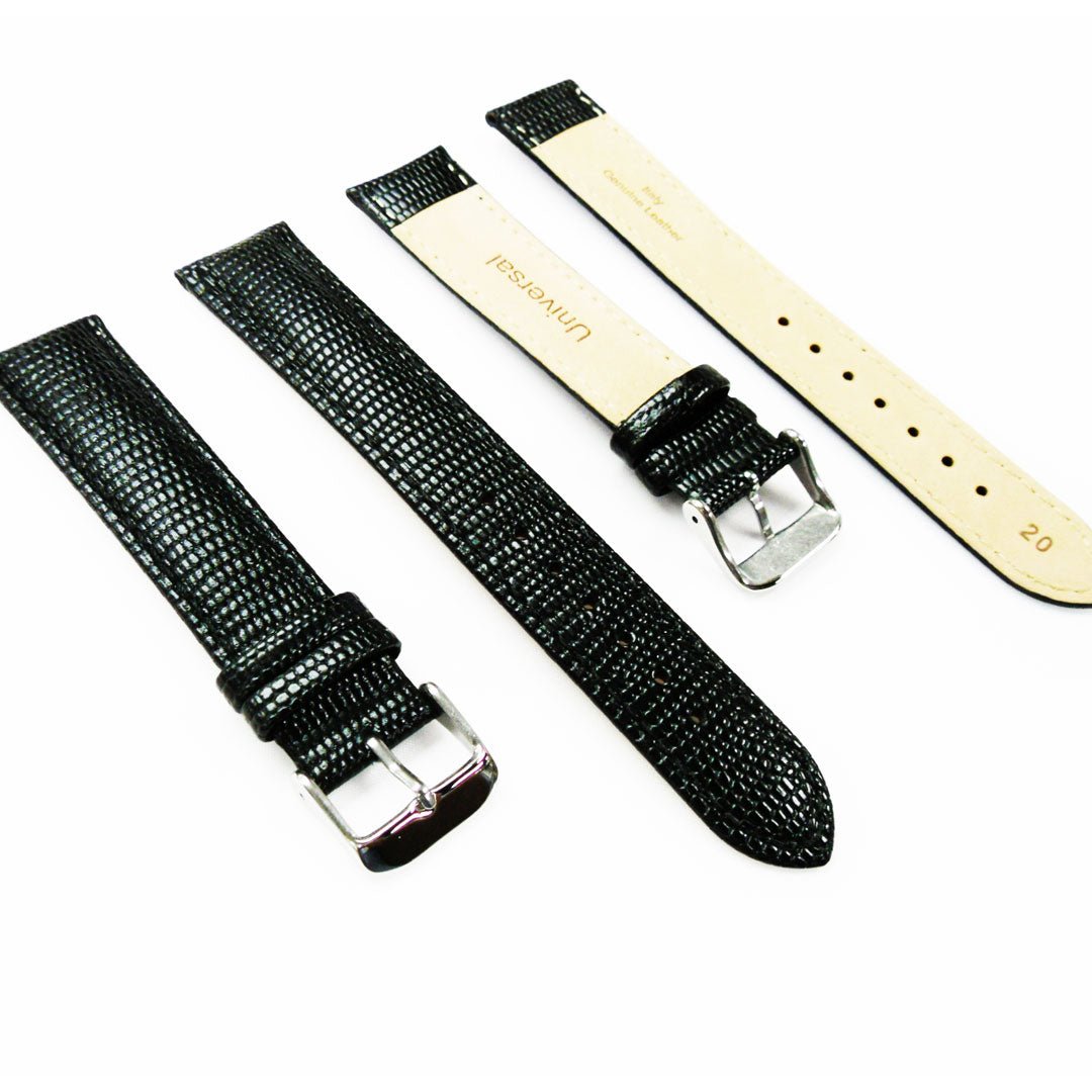 Lizard Watch Band, 20MM Wide, Padded, XL Size, Black Color, Black Stitched, Silver Buckle, Genuine Leather Watch Strap Replacement - Universal Jewelers & Watch Tools Inc.