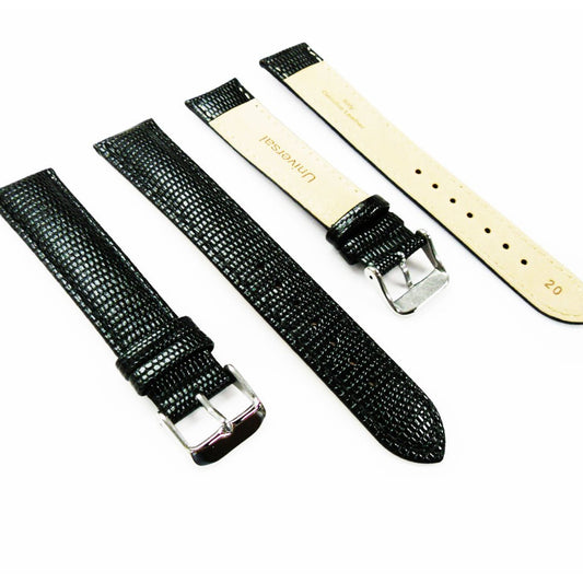 Lizard Watch Band, 20MM Wide, Padded, XL Size, Black Color, Black Stitched, Silver Buckle, Genuine Leather Watch Strap Replacement - Universal Jewelers & Watch Tools Inc.
