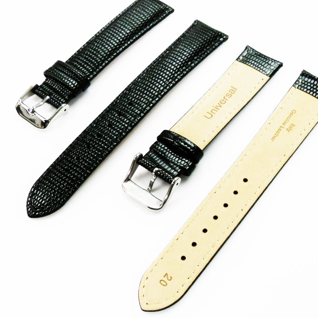 Lizard Watch Band, 20MM Wide, Padded, XL Size, Black Color, Black Stitched, Silver Buckle, Genuine Leather Watch Strap Replacement - Universal Jewelers & Watch Tools Inc.