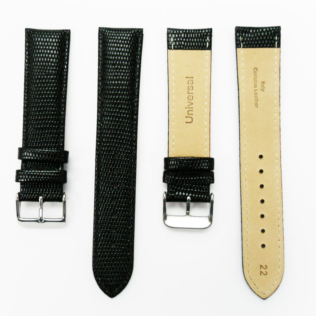 Lizard Watch Band, 22MM Wide, Padded, Regular Size, Black Color, Black Stitched, Silver Buckle, Genuine Leather Watch Strap Replacement - Universal Jewelers & Watch Tools Inc.