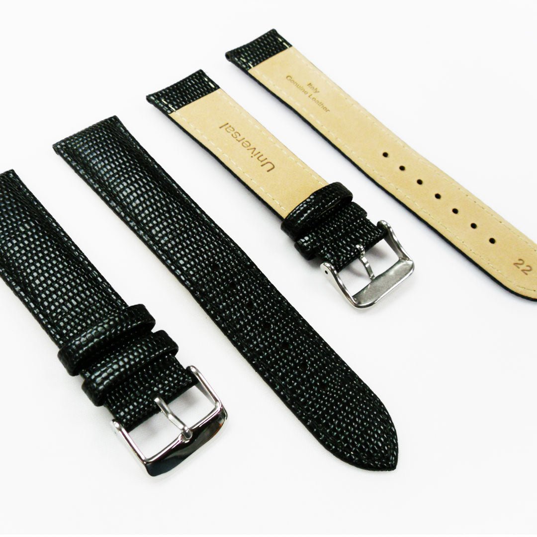 Lizard Watch Band, 22MM Wide, Padded, Regular Size, Black Color, Black Stitched, Silver Buckle, Genuine Leather Watch Strap Replacement - Universal Jewelers & Watch Tools Inc.