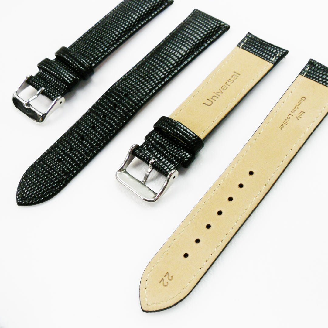 Lizard Watch Band, 22MM Wide, Padded, Regular Size, Black Color, Black Stitched, Silver Buckle, Genuine Leather Watch Strap Replacement - Universal Jewelers & Watch Tools Inc.