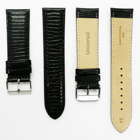 Lizard Watch Band, 24MM Wide, Padded, Regular Size, Black Color, Black Stitched, Silver Buckle, Genuine Leather Watch Strap Replacement - Universal Jewelers & Watch Tools Inc.