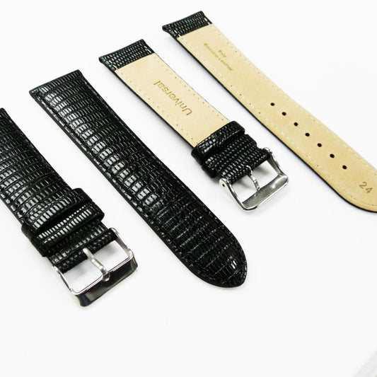 Lizard Watch Band, 24MM Wide, Padded, Regular Size, Black Color, Black Stitched, Silver Buckle, Genuine Leather Watch Strap Replacement - Universal Jewelers & Watch Tools Inc.