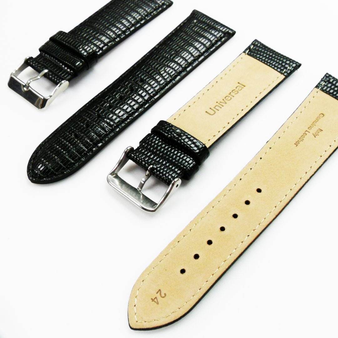 Lizard Watch Band, 24MM Wide, Padded, Regular Size, Black Color, Black Stitched, Silver Buckle, Genuine Leather Watch Strap Replacement - Universal Jewelers & Watch Tools Inc.