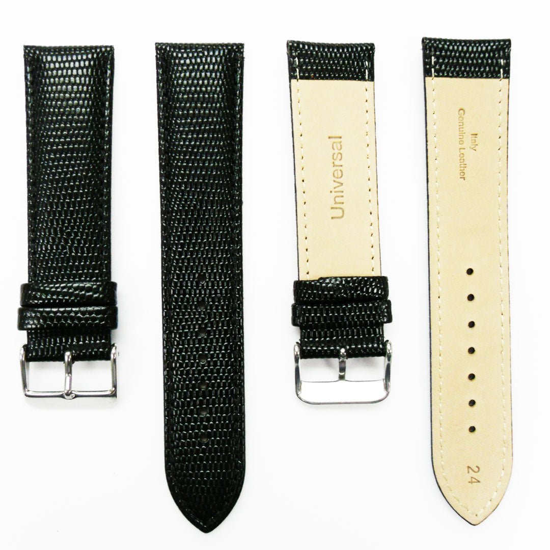 Lizard Watch Band, 24MM Wide, Padded, Regular Size, Black Color, Black Stitched, Silver Buckle, Genuine Leather Watch Strap Replacement - Universal Jewelers & Watch Tools Inc.