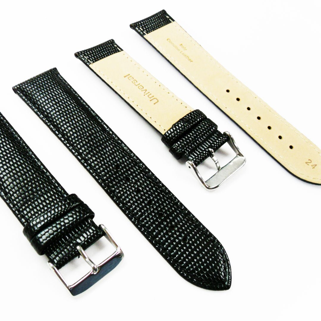 Lizard Watch Band, 24MM Wide, Padded, Regular Size, Black Color, Black Stitched, Silver Buckle, Genuine Leather Watch Strap Replacement - Universal Jewelers & Watch Tools Inc.