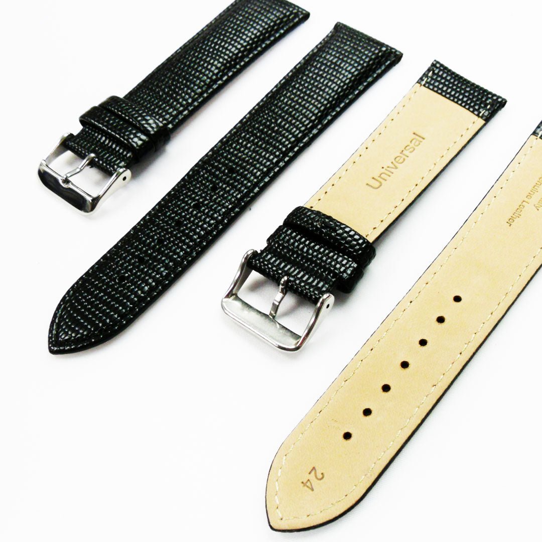 Lizard Watch Band, 24MM Wide, Padded, Regular Size, Black Color, Black Stitched, Silver Buckle, Genuine Leather Watch Strap Replacement - Universal Jewelers & Watch Tools Inc.