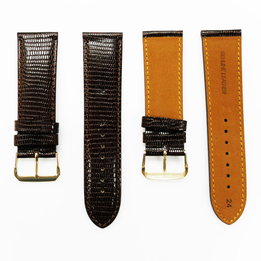 Lizard Watch Band, 24MM Wide, Padded, Regular Size, Brown Color, Brown Stitched, Silver and Gold Buckle, Genuine Leather Watch Strap Replacement - Universal Jewelers & Watch Tools Inc.