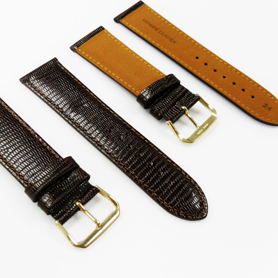 Lizard Watch Band, 24MM Wide, Padded, Regular Size, Brown Color, Brown Stitched, Silver and Gold Buckle, Genuine Leather Watch Strap Replacement - Universal Jewelers & Watch Tools Inc.