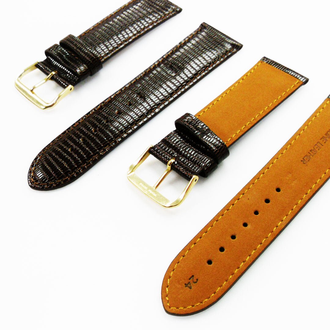Lizard Watch Band, 24MM Wide, Padded, Regular Size, Brown Color, Brown Stitched, Silver and Gold Buckle, Genuine Leather Watch Strap Replacement - Universal Jewelers & Watch Tools Inc.