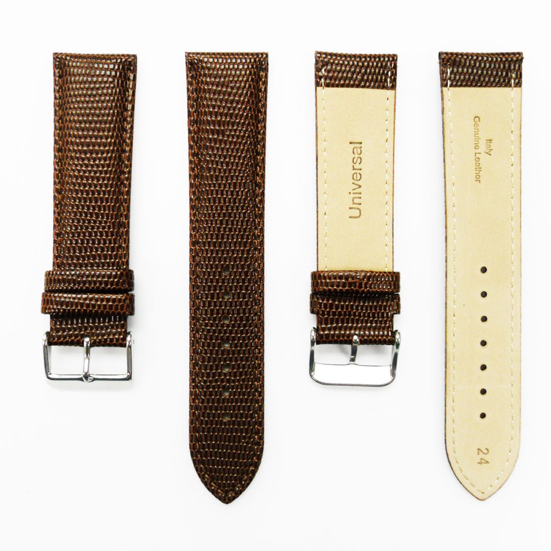 Lizard Watch Band, 24MM Wide, Padded, Regular Size, Brown Color, Brown Stitched, Silver and Gold Buckle, Genuine Leather Watch Strap Replacement - Universal Jewelers & Watch Tools Inc.
