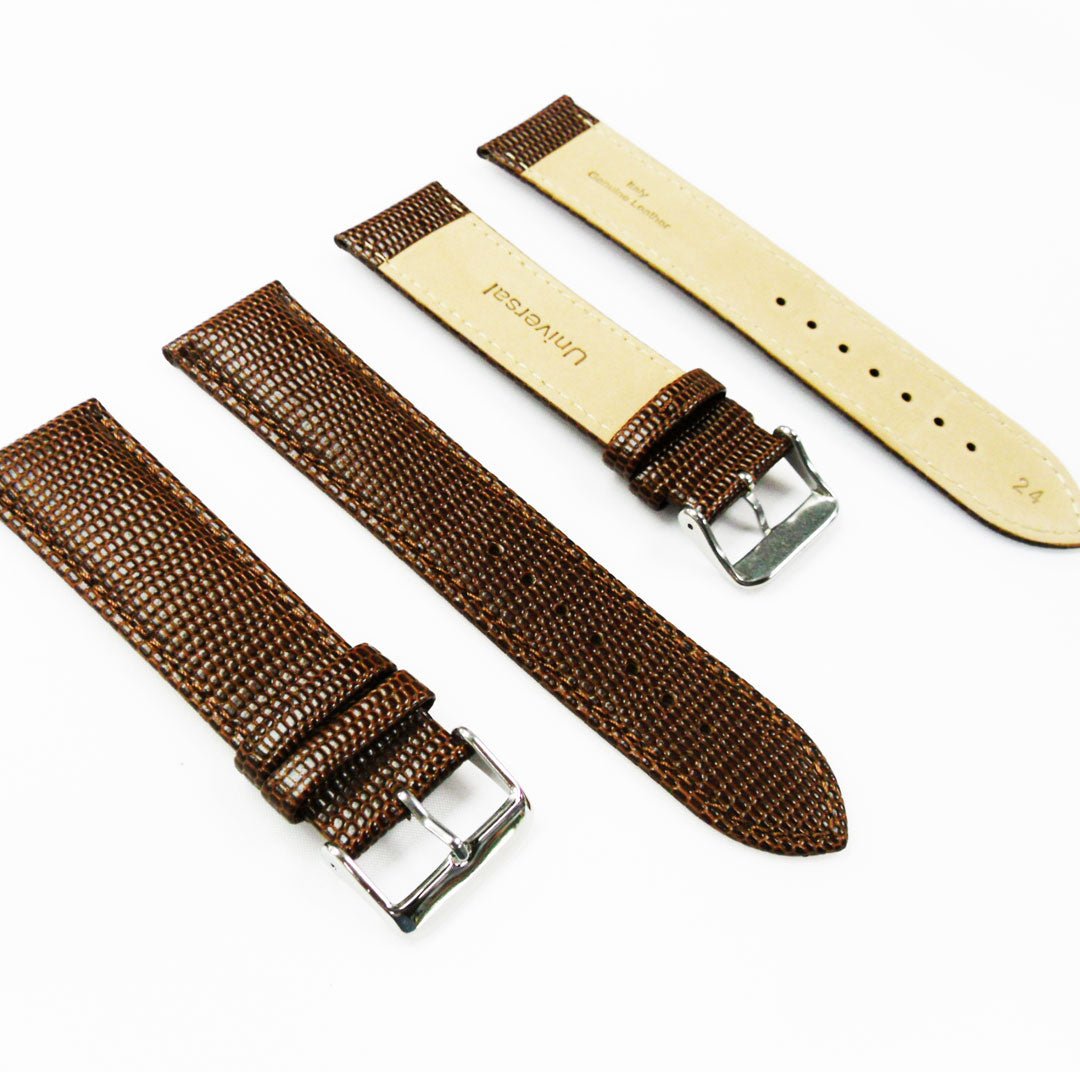 Lizard Watch Band, 24MM Wide, Padded, Regular Size, Brown Color, Brown Stitched, Silver and Gold Buckle, Genuine Leather Watch Strap Replacement - Universal Jewelers & Watch Tools Inc.