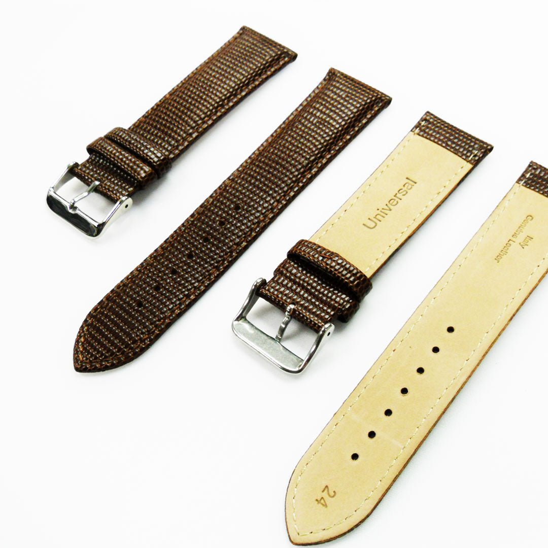 Lizard Watch Band, 24MM Wide, Padded, Regular Size, Brown Color, Brown Stitched, Silver and Gold Buckle, Genuine Leather Watch Strap Replacement - Universal Jewelers & Watch Tools Inc.